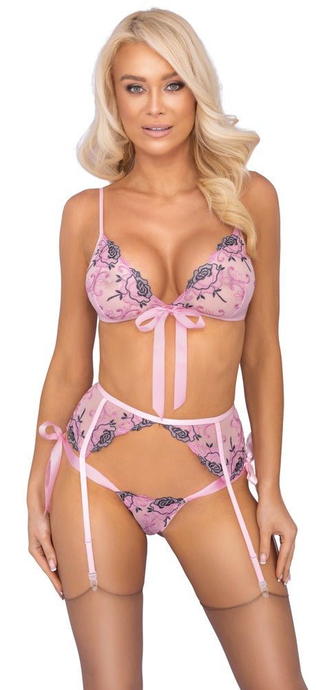 Kissable Floral Embroidery with Bows 3pc Lingerie Set - Loveangels