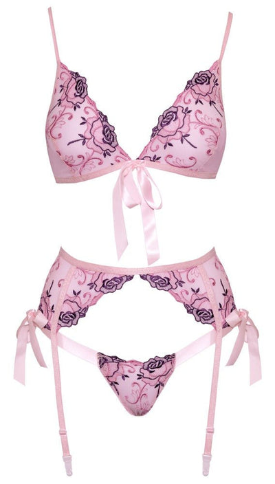 Kissable Floral Embroidery with Bows 3pc Lingerie Set - Loveangels