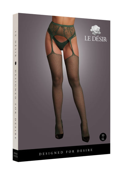 Le Désir Green Fishnet and Lace Garterbelt Stockings - One Size - Loveangels