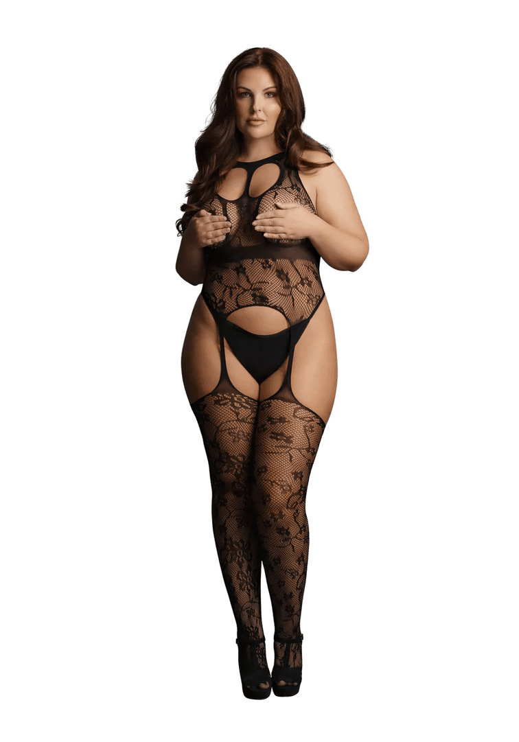 Le Desir Lace Suspender Bodystocking With Round Neck Plus Size - Loveangels