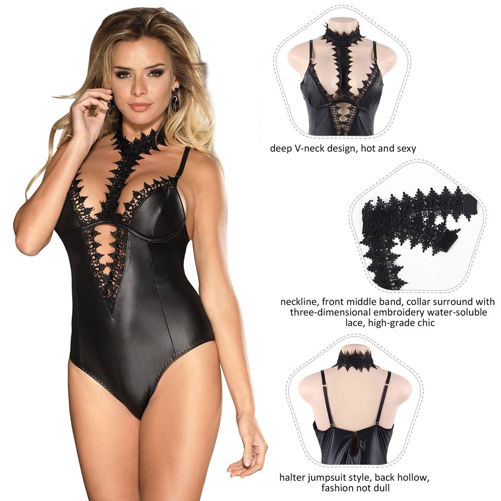 Loveangels Black Leather Look Teddy with Lace Choker - Loveangels