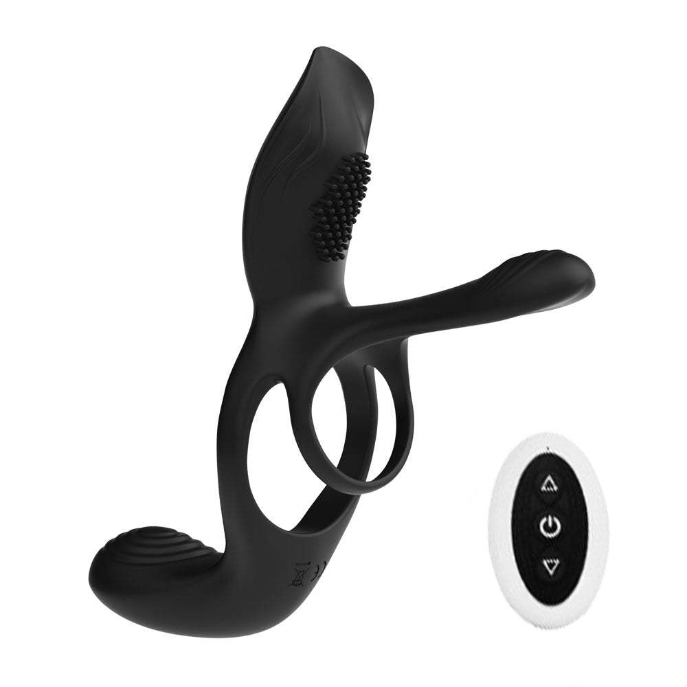 Loveangels Black Link 3 in 1 Vibrating Cock Ring With Remote - Loveangels