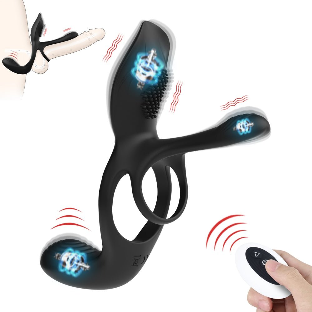 Loveangels Black Link 3 in 1 Vibrating Cock Ring With Remote - Loveangels