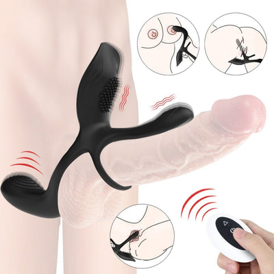 Loveangels Black Link 3 in 1 Vibrating Cock Ring With Remote - Loveangels