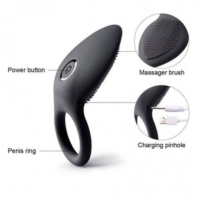 Loveangels Black Link X Vibrating Brush Cock Ring - Loveangels