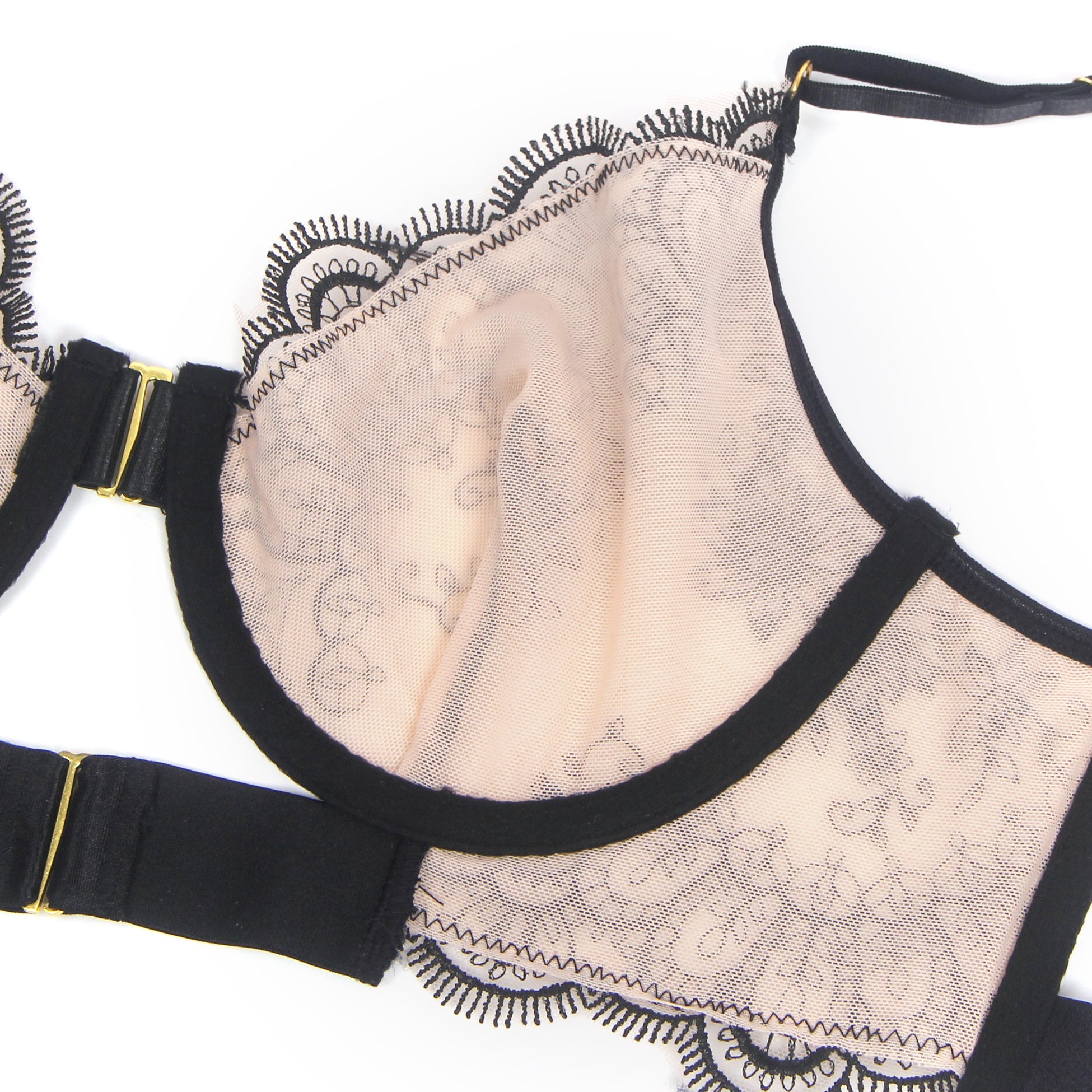 Loveangels Black Sexy Mesh Embroidery Lace Garter Bra Set - Loveangels