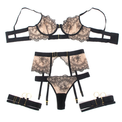 Loveangels Black Sexy Mesh Embroidery Lace Garter Bra Set - Loveangels