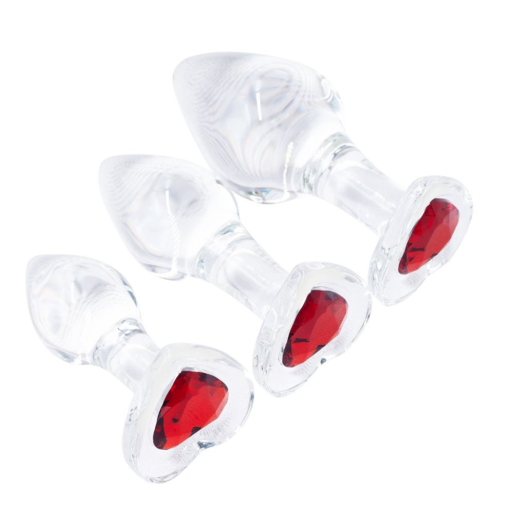 Loveangels Clear Glass Anal Plug Set With Heart Gems - Loveangels