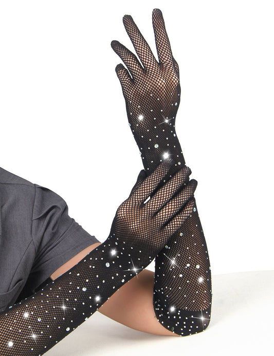 Loveangels Enchanting Black Glitter Rhinestone Gloves - Loveangels