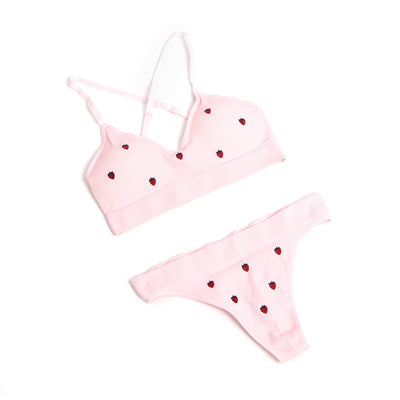 Loveangels Pink Strawberry Embroidery 2pc Set - Loveangels