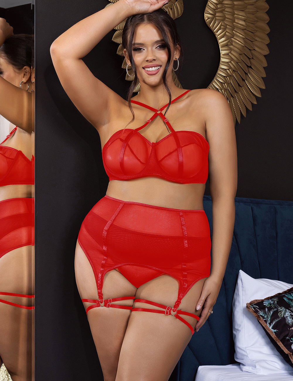 Loveangels Red Mesh 3pc Set With Corset Tie Garter Belt - Loveangels