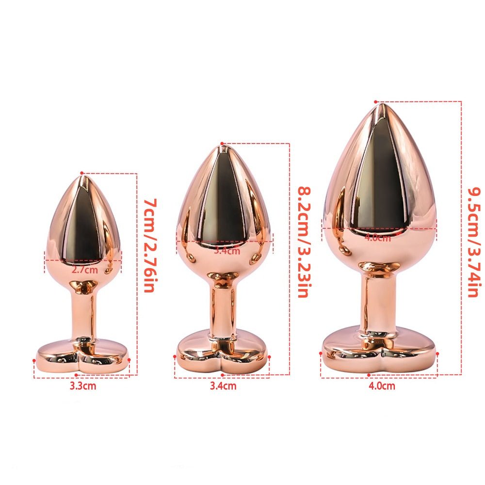Loveangels Rose Gold Metal Anal Plug Set With Pink Heart Gem Bases - Loveangels