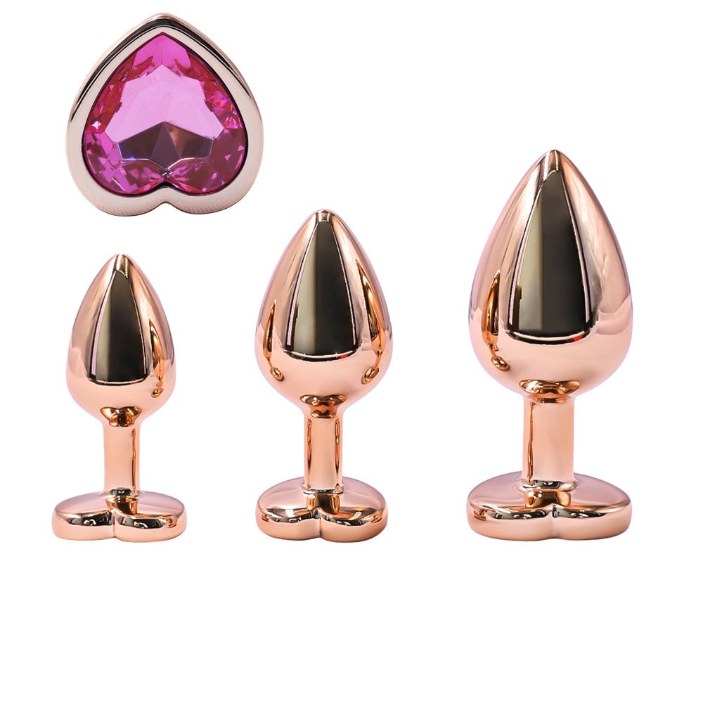 Loveangels Rose Gold Metal Anal Plug Set With Pink Heart Gem Bases - Loveangels