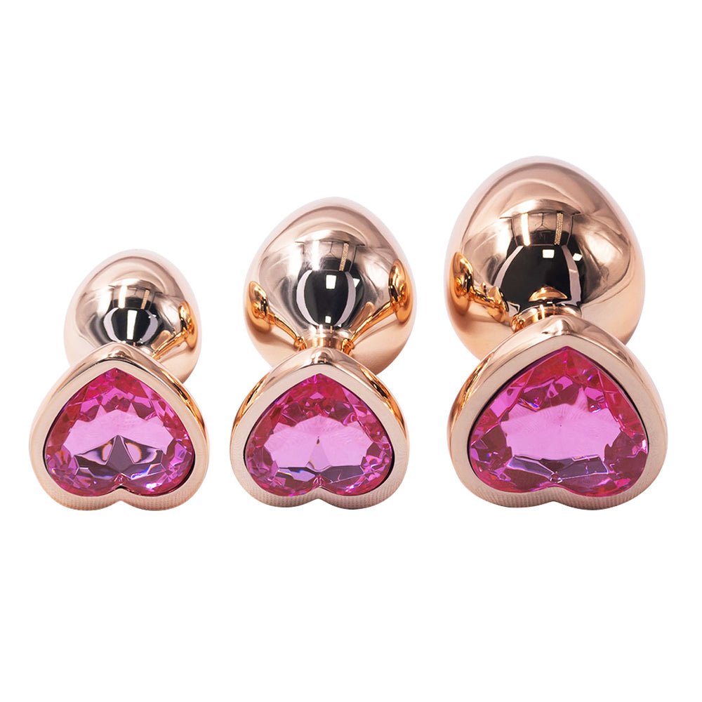 Loveangels Rose Gold Metal Anal Plug Set With Pink Heart Gem Bases - Loveangels