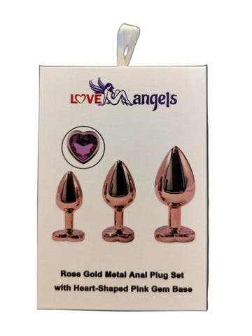 Loveangels Rose Gold Metal Anal Plug Set With Pink Heart Gem Bases - Loveangels