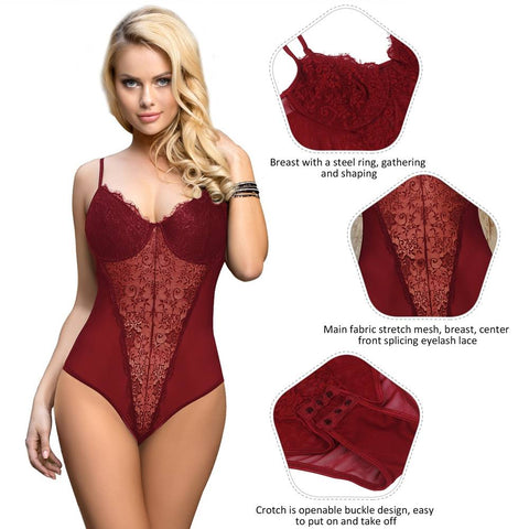 Open Crotch Lace Splicing Bodysuit With Underwire