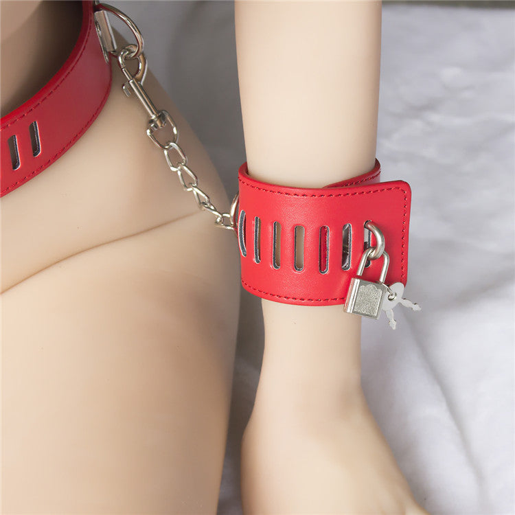 Leather Chastity Red  With Wrist Cuffs And Lock