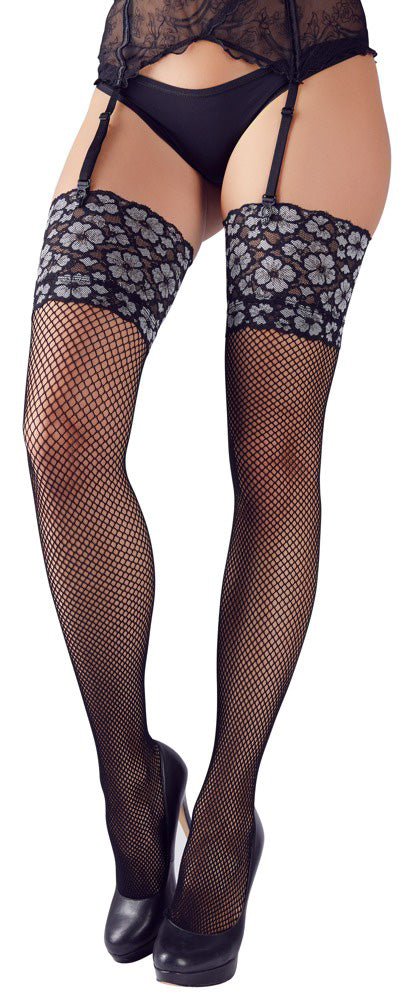 Cottelli Fishnet Suspender Stockings With Floral Lace