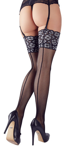 Cottelli Fishnet Suspender Stockings With Floral Lace back