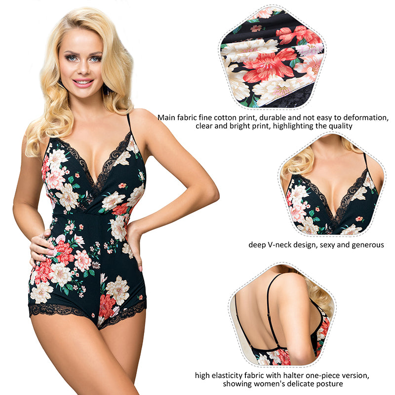 Loveangels Deep V-neck Floral Print One-piece Bodysuit details