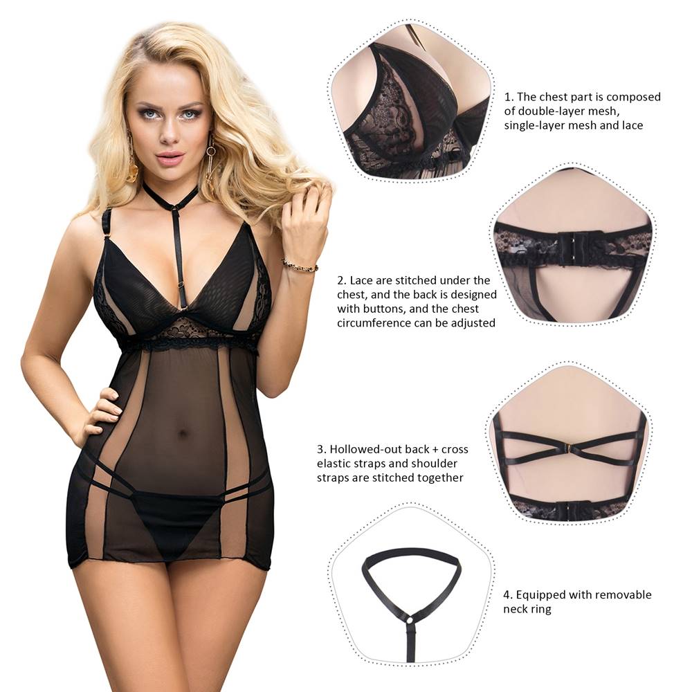 Loveangels Elegant Black Lace Hanging Neck Perspective Babydoll with G-string details