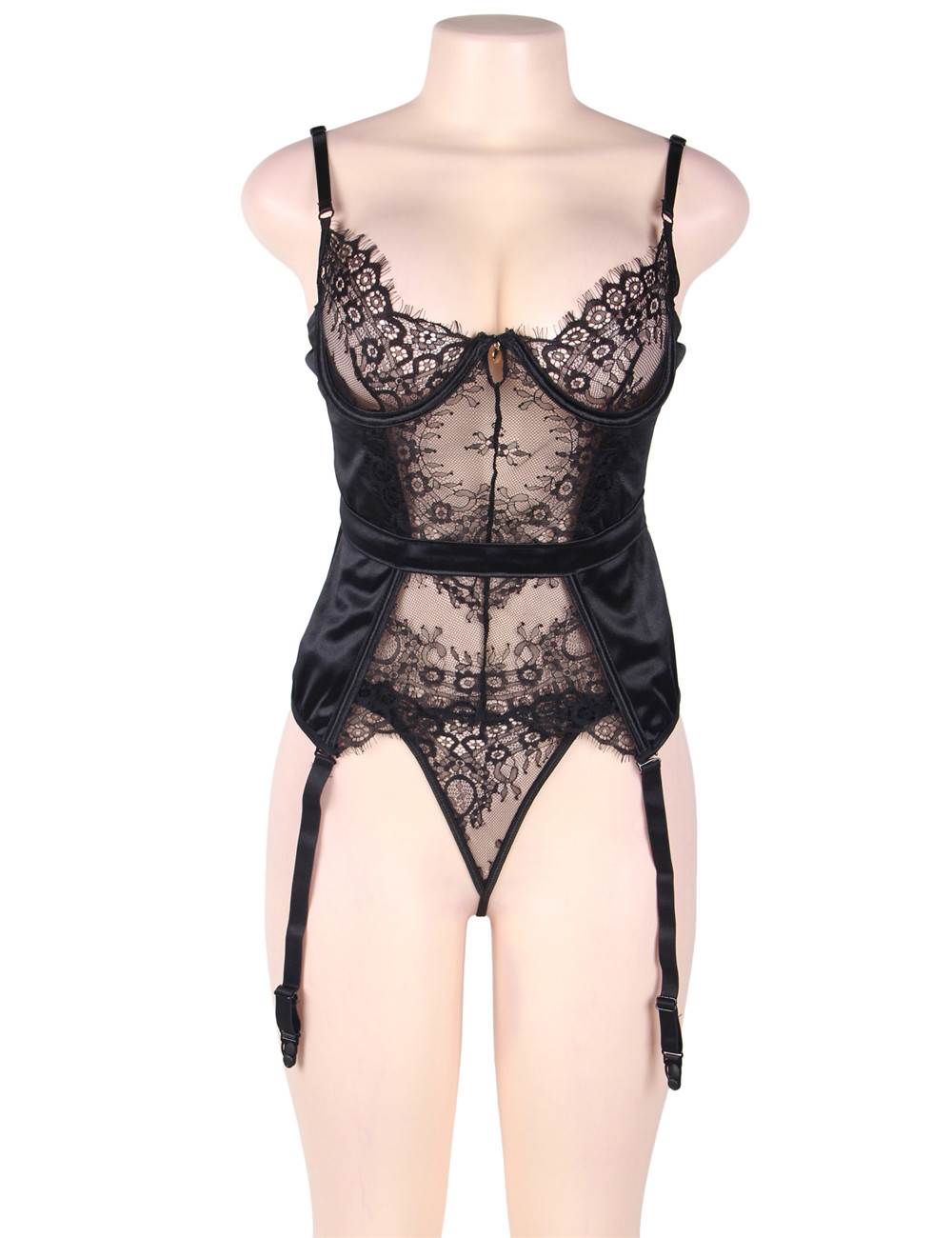 Loveangels Elegant Eyelash Black Lace Garter Lingerie With Underwire on mannequin