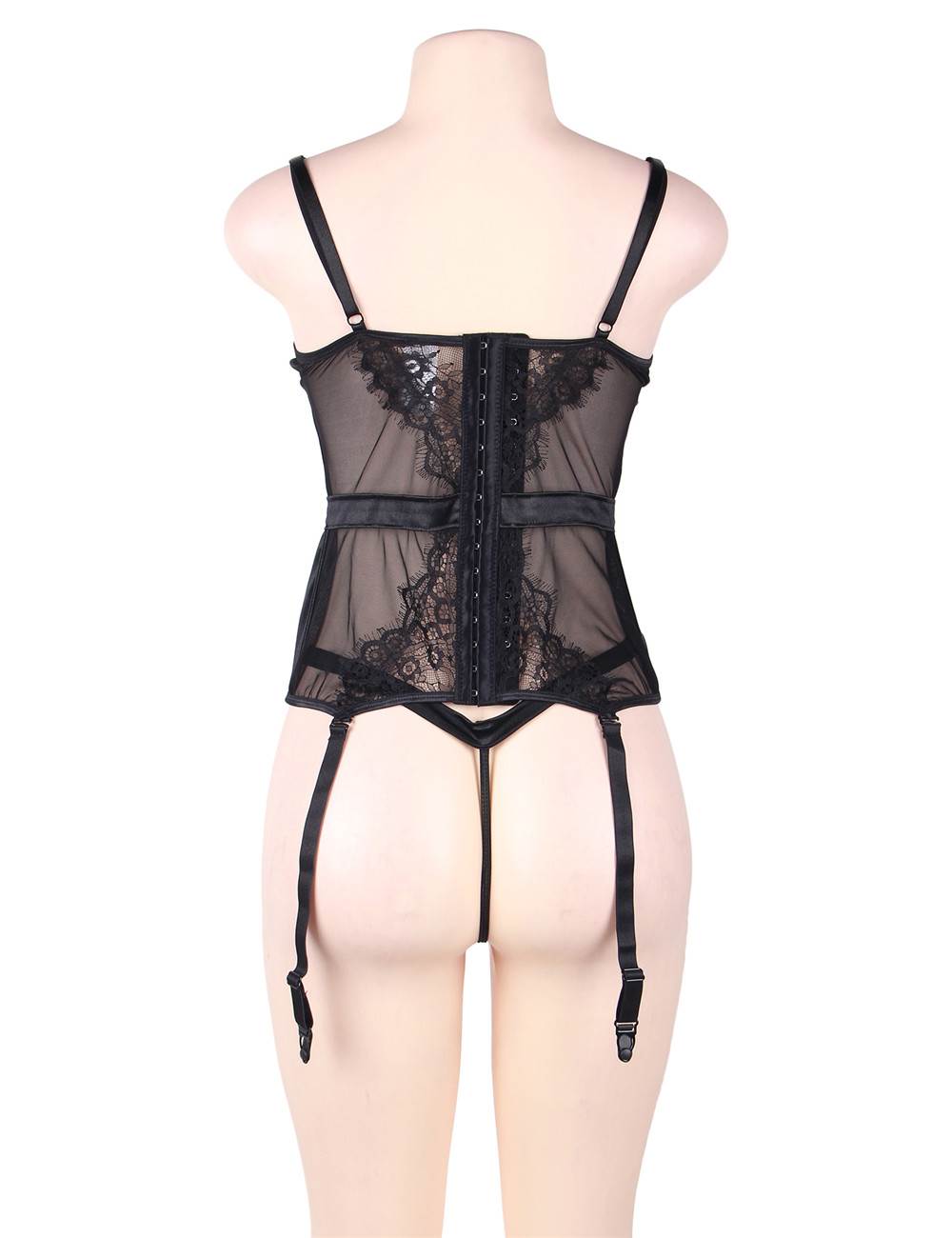 Loveangels Elegant Eyelash Black Lace Garter Lingerie With Underwire on mannequin back