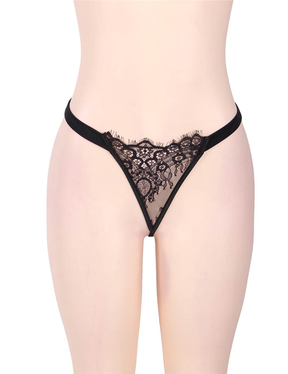 Loveangels Elegant Eyelash Black Lace Garter Lingerie With Underwire thong