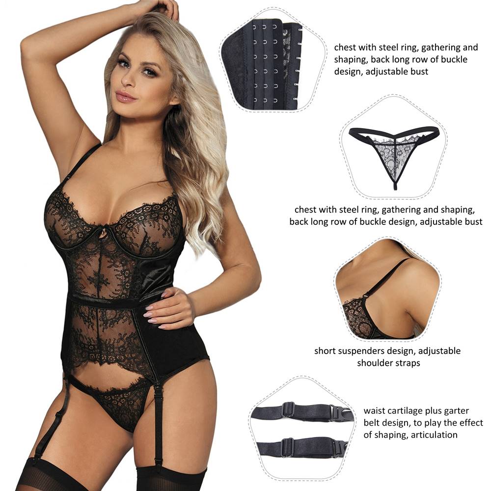 Loveangels Elegant Eyelash Black Lace Garter Lingerie With Underwire details