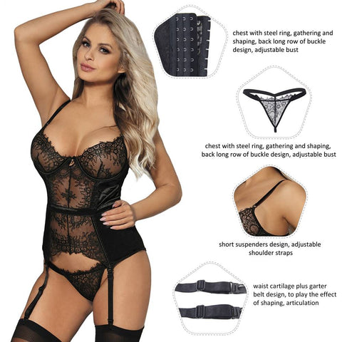 Loveangels Elegant Eyelash Black Lace Garter Lingerie With Underwire details