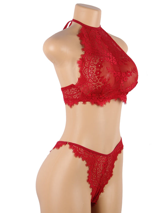 Loveangels Floral Red Eyelash Lace Lingerie Set side