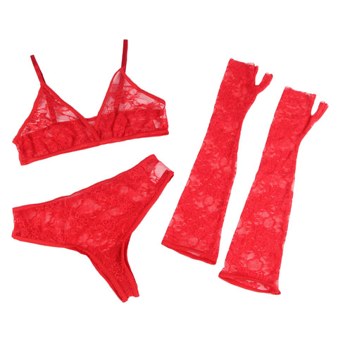 Loveangels Lace Bralette, Panty and Fingerless Glove Set red