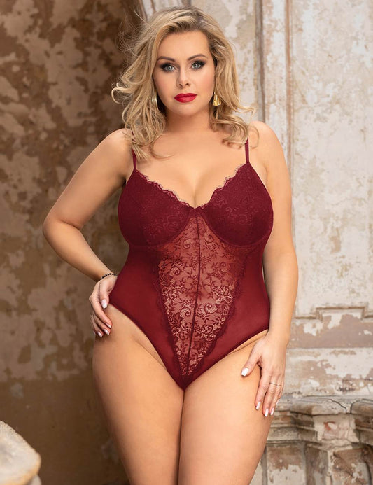 Loveangels Lace Splicing Bodysuit With Underwire burgundy plus front