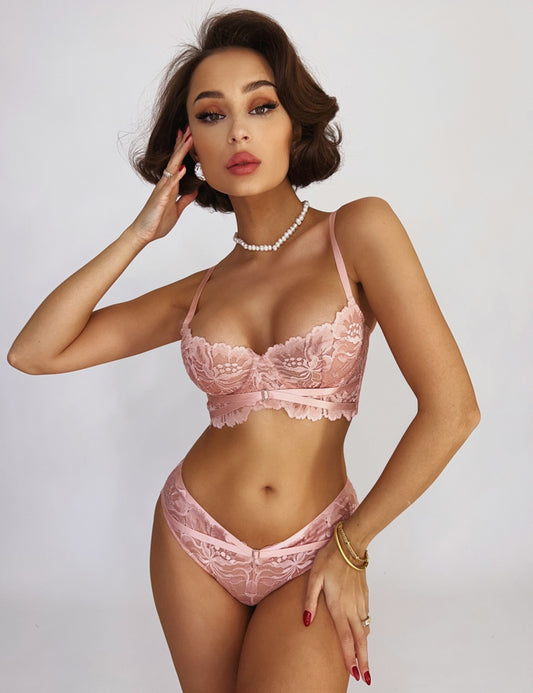 Loveangels Pink Floral Lace Underwire Bra and Panty Set small front