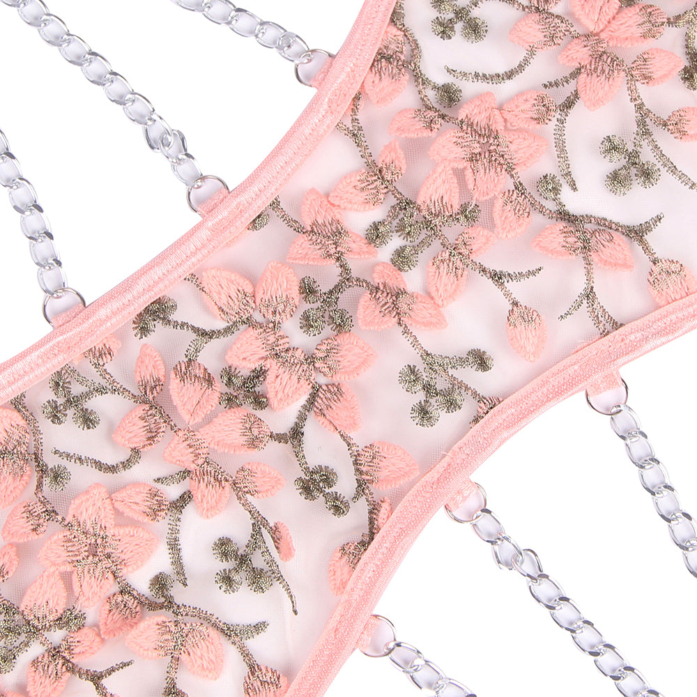 Loveangels Pink Flower Hollow Out Halter Teddy with Chains closeup