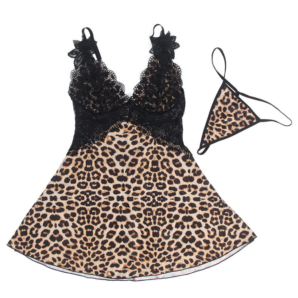 V Neck Leopard Print Babydoll with Lace Bust