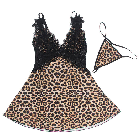 Loveangels V Neck Leopard Print Babydoll with Lace Bust
