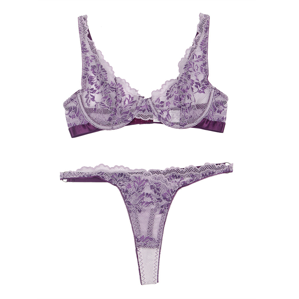 Purple Floral Lace Underwire Bra Set