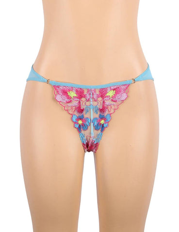 Loveangels Blue Floral Embroidery Underwire Garter Lingerie Set - Loveangels