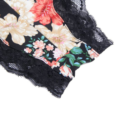 Loveangels Deep V - neck Floral Print One - piece Bodysuit - Loveangels