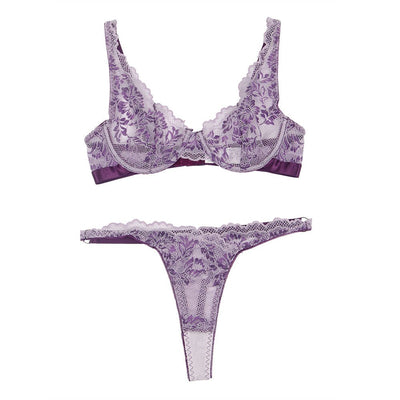 Loveangels Purple Floral Lace Underwire Bra Set - Loveangels