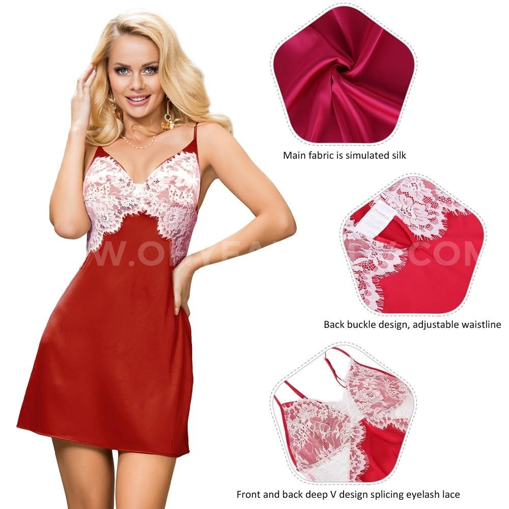 Loveangels Satin Lace Stitching Open Back Babydoll - Loveangels